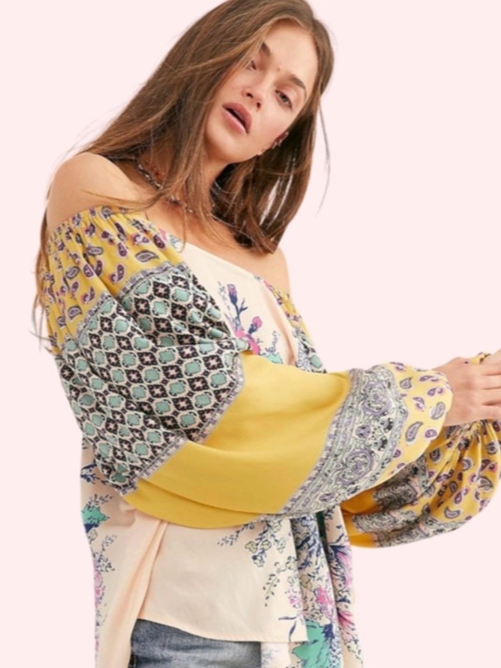 Free People Positano Off-Shoulder Yellow Floral Sleeve Women’s Top